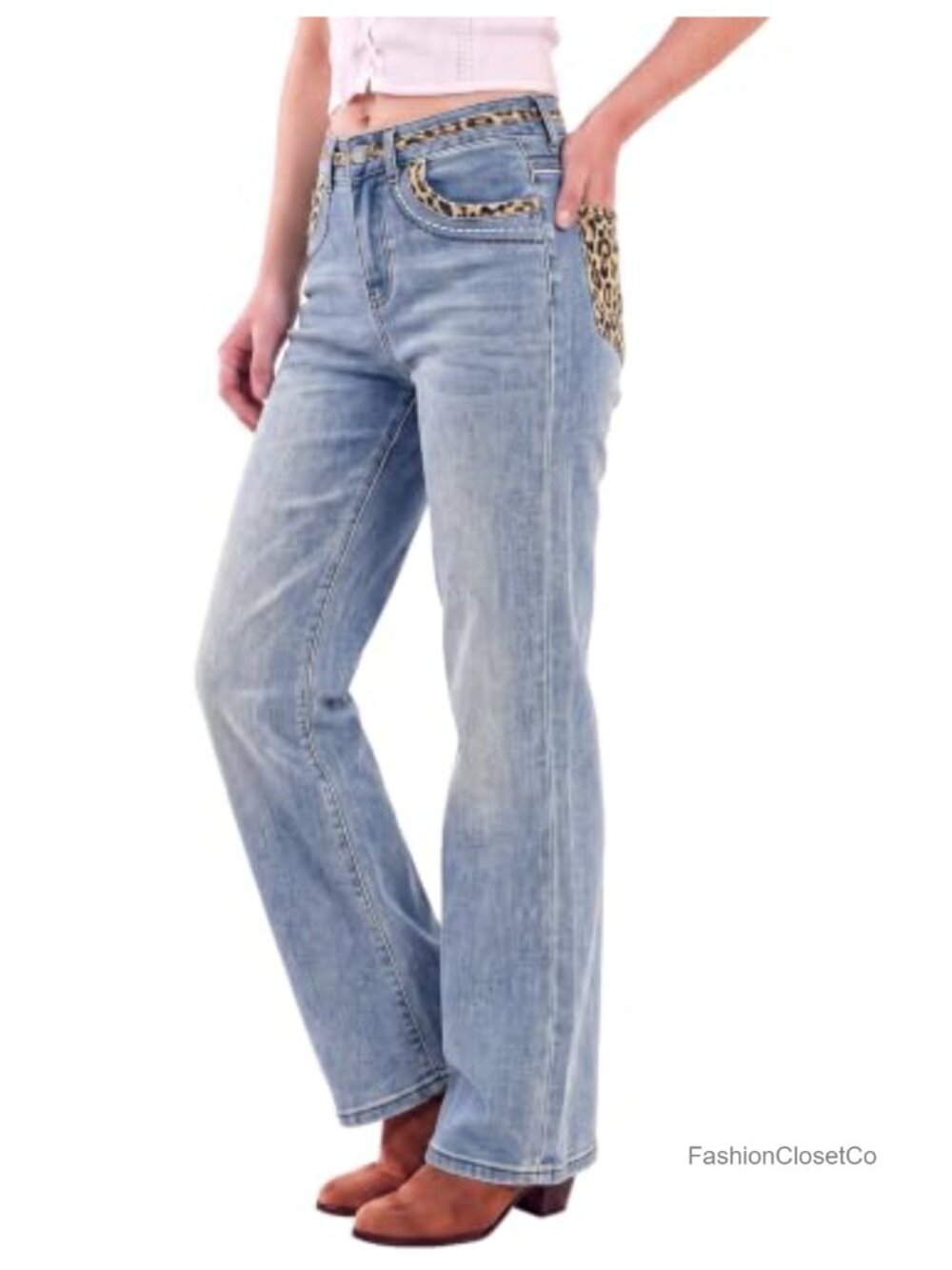 High Waisted Wide Leg Patchwork Denim Jeans Women Leopard Stretch
